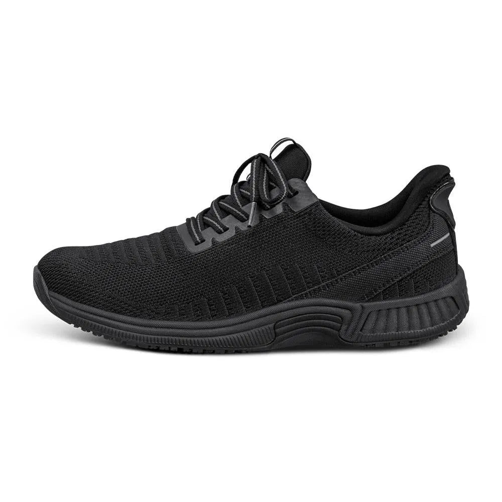 OrthoFeet Kita Ladies Black Textile Arch Support Trainers with Wide Elasticated Fit and Cushioned Sole.