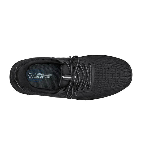 OrthoFeet Kita women's black textile trainers with arch support, elasticated design, and extra-wide fit.