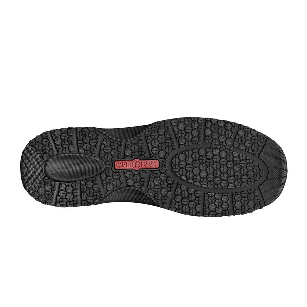 OrthoFeet Kita ladies black textile trainers with arch support, wide fit, and elasticated design for comfort and stability.