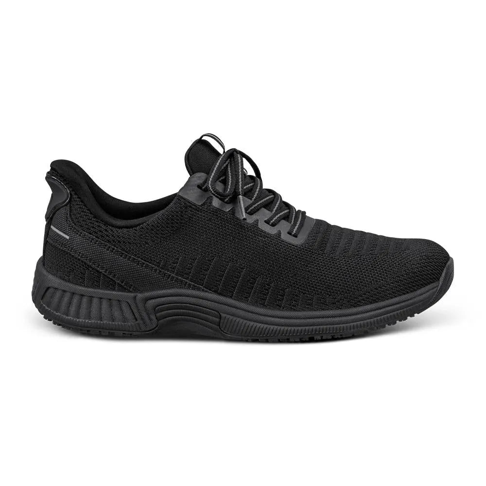 OrthoFeet Kita women's black textile trainers with arch support, wide elasticated fit, and cushioned sole for comfort.