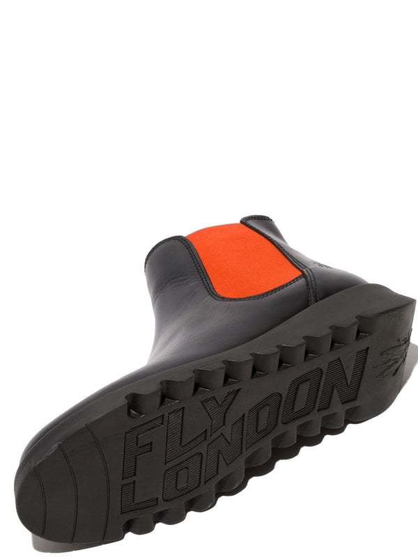 Fly Salv Ladies Rug Black (Orange Elastic) Leather Pull On Ankle Boots