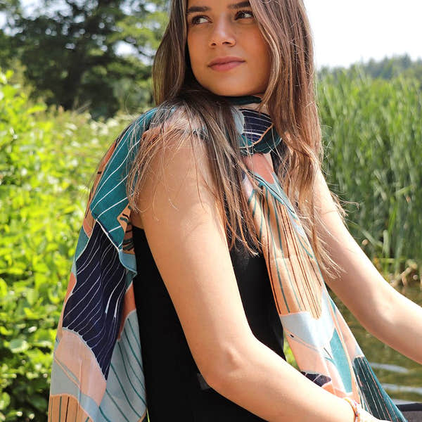 POM Bamboo Viscose Aqua and Navy Mix Tropical Flower Print Scarf-elevate your sole