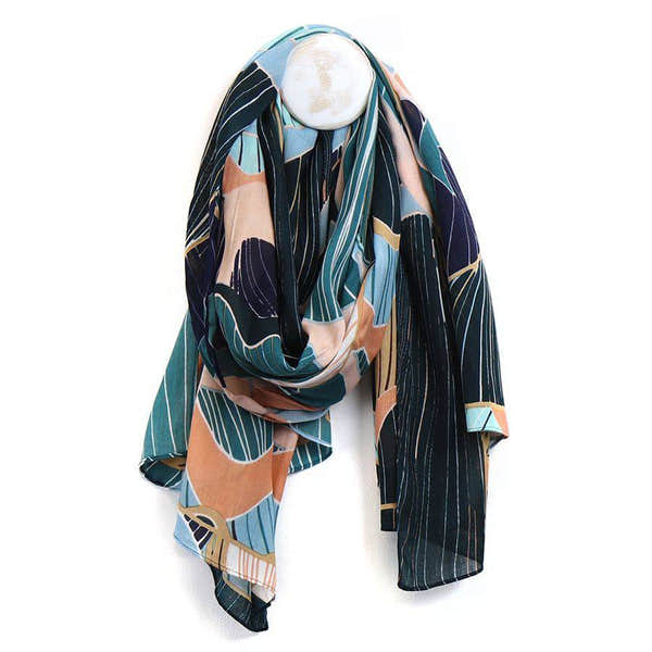 POM Bamboo Viscose Aqua and Navy Mix Tropical Flower Print Scarf-elevate your sole