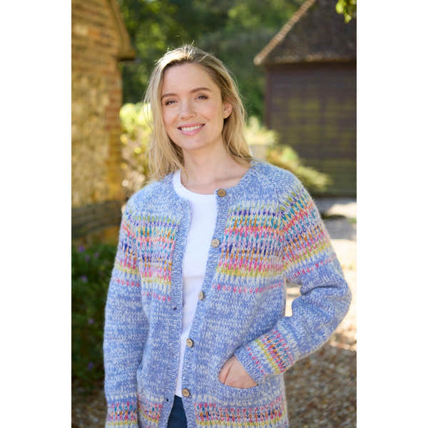 Pachamama Arundel Sky cardigan, multicolored knit, button-up, lightweight, women's casual outerwear, outdoor setting.