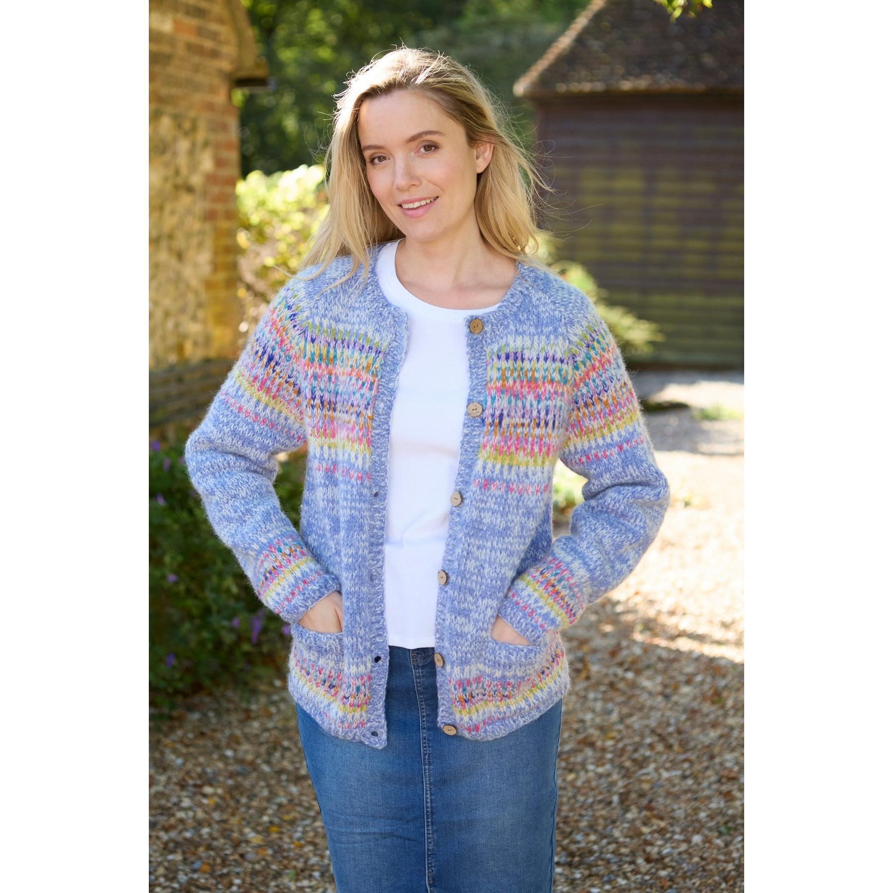 Pachamama Arundel Sky Cardigan in soft pastel blue with colorful knit patterns, button closure, and cozy fit for women.