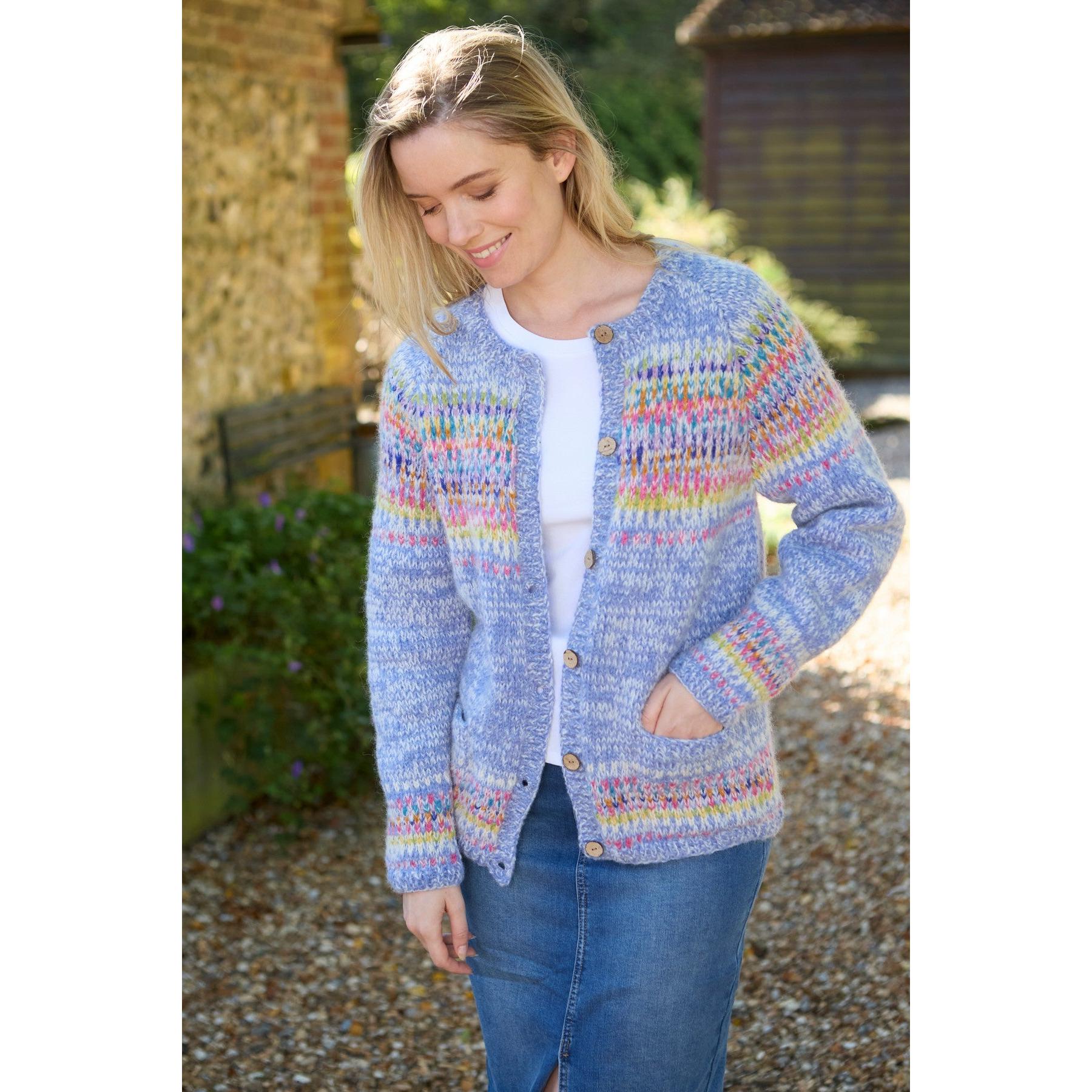 Pachamama Arundel Cardigan Sky, women's multicolor knit cardigan with button closure, in a relaxed fit.