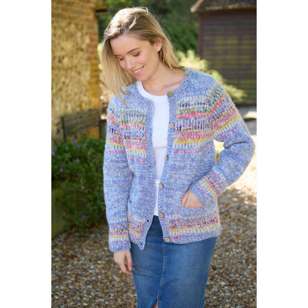 Pachamama Arundel Cardigan Sky, women's multicolor knit cardigan with button closure, in a relaxed fit.