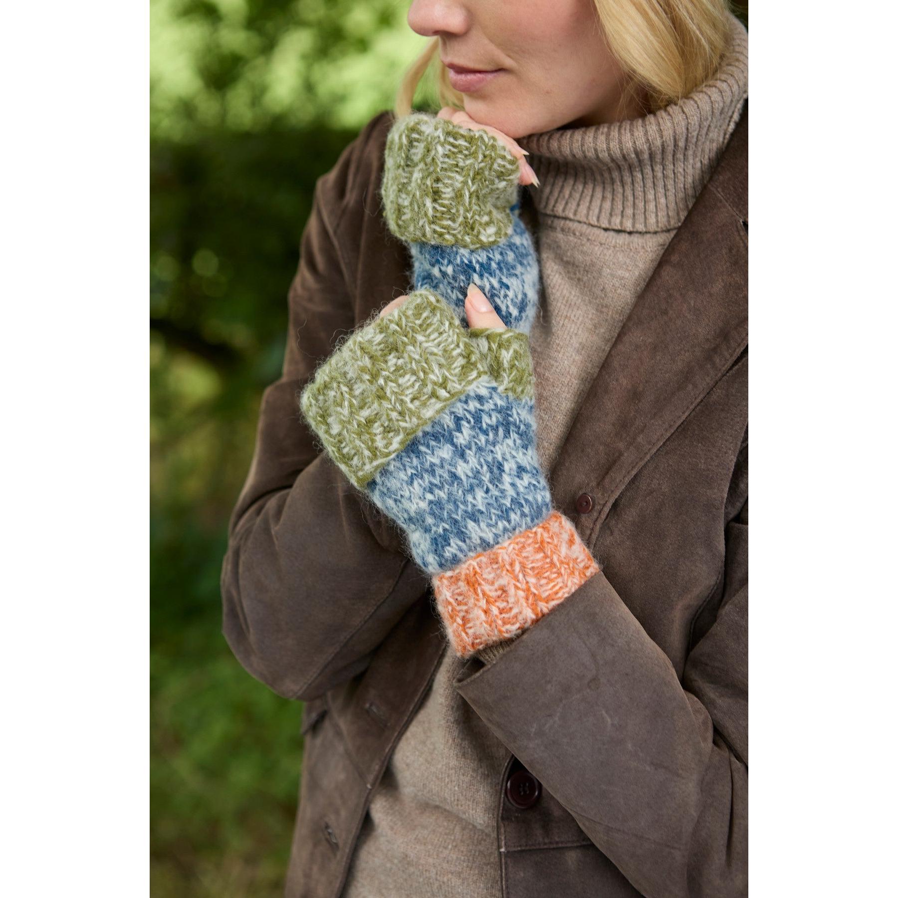 Pachamama Berlin blue and green handwarmer gloves with orange accents, cozy knit design, suitable for cold weather.