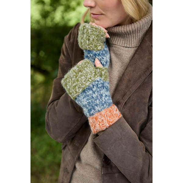 Pachamama Berlin blue and green handwarmer gloves with orange accents, cozy knit design, suitable for cold weather.
