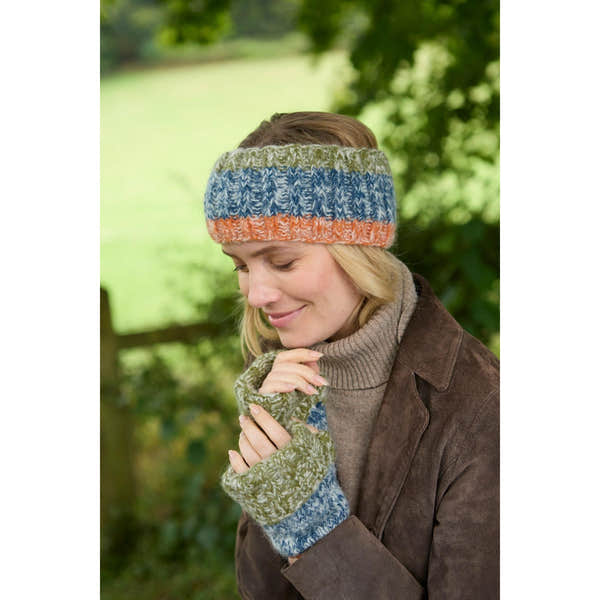 Women wearing blue, orange, and green knitted headband and mittens, outdoors during fall or winter, casual style.