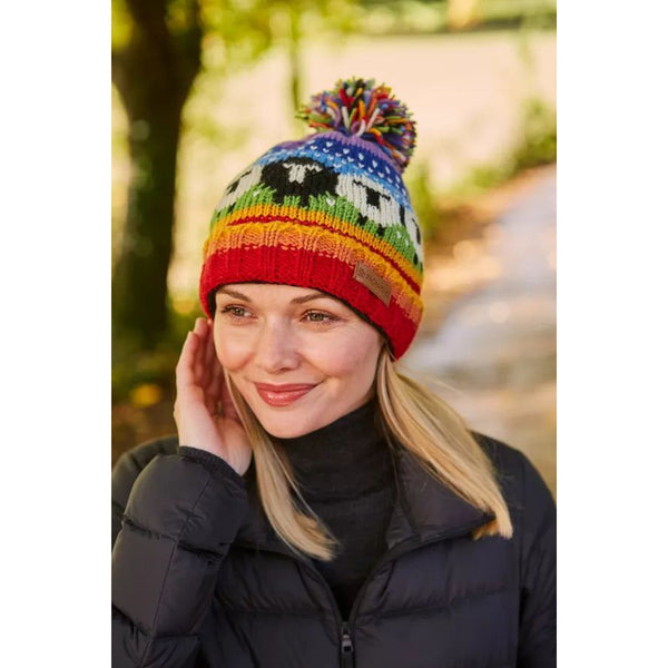 Pachamama Black Sheep Roll Back Bobble Beanie Rainbow-elevate your sole