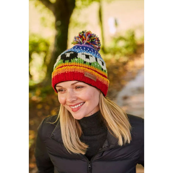 Pachamama Black Sheep Roll Back Bobble Beanie Rainbow-elevate your sole