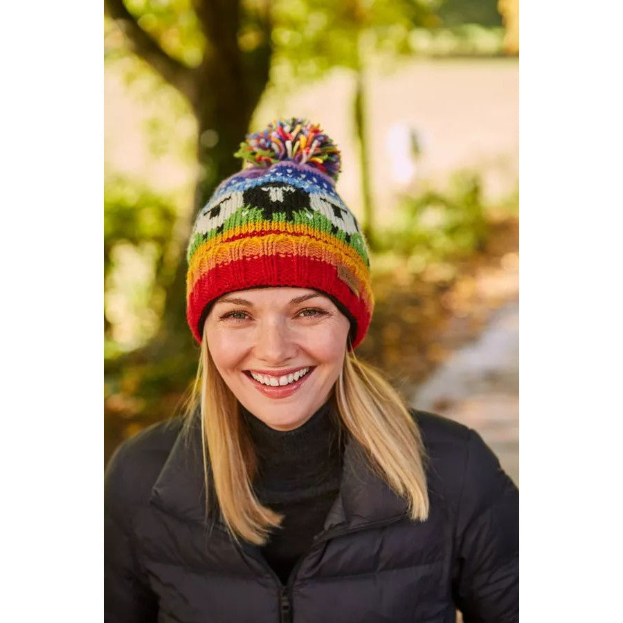 Pachamama Black Sheep Roll Back Bobble Beanie Rainbow-elevate your sole