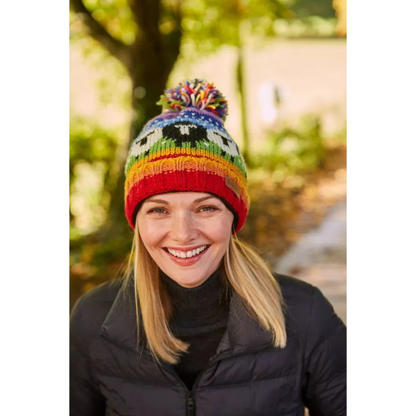 Pachamama Black Sheep Roll Back Bobble Beanie Rainbow-elevate your sole