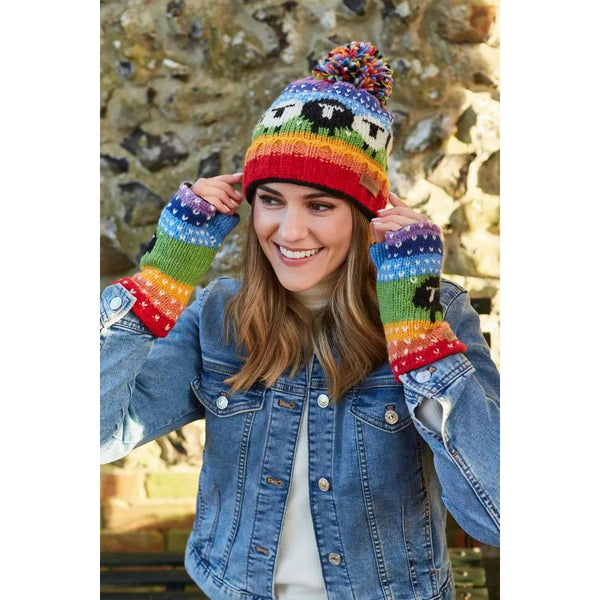Pachamama Black Sheep Roll Back Bobble Beanie Rainbow-elevate your sole