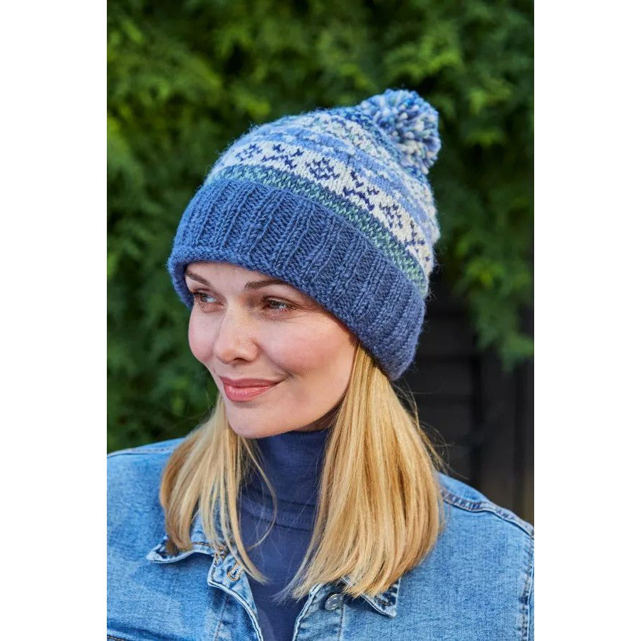 Pachamama Classic Fairisle Roll Back Bobble Beanie Denim-elevate your sole