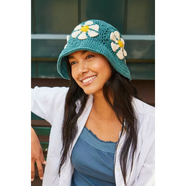Pachamama Daisy Cotton Bucket Hat Teal-elevate your sole