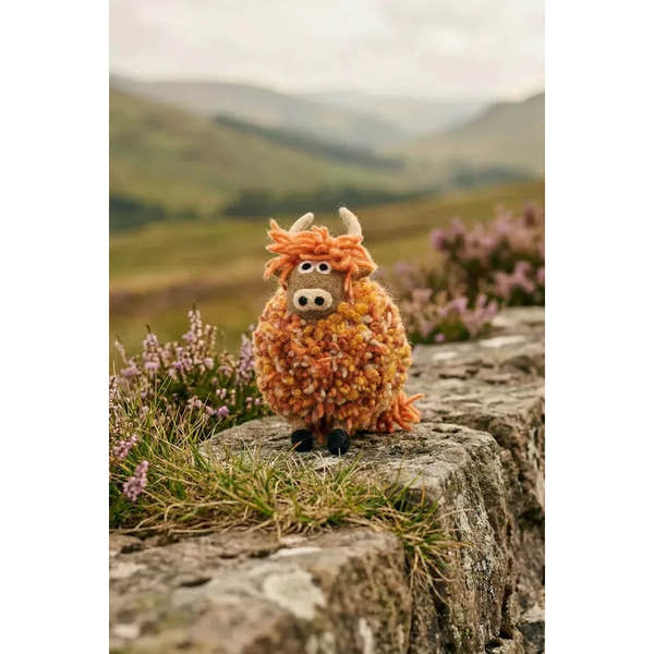 "Pachamama Duncan Highland Cow plush toy, fuzzy orange & brown yarn, with white horns, black eyes, set outdoors on stone with purple flowers."