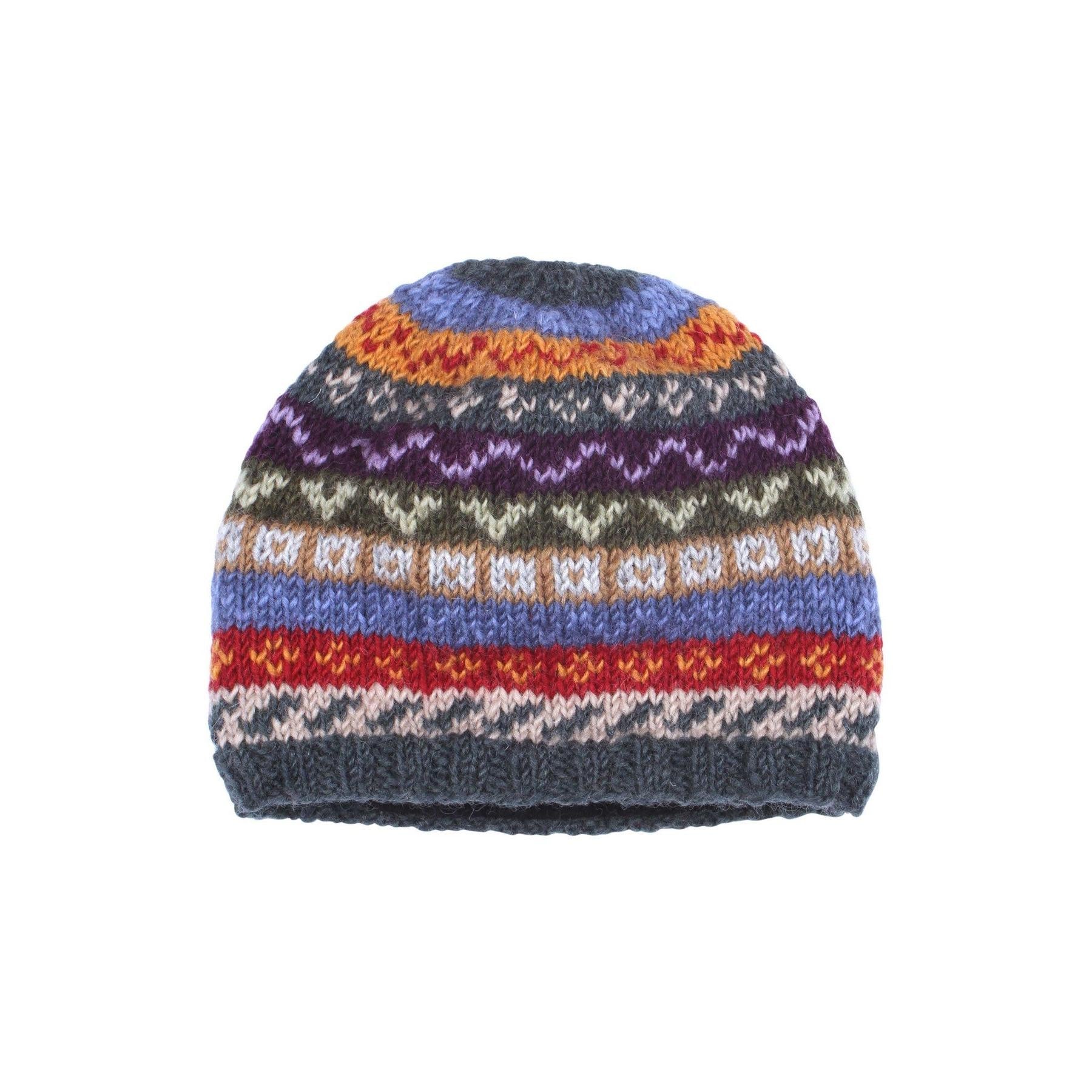 Colorful knitted Pachamama Elveden beanie hat with intricate Fair Isle patterns and multicolor stripes.