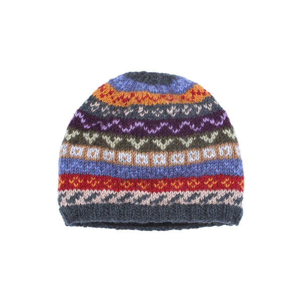 Colorful knitted Pachamama Elveden beanie hat with intricate Fair Isle patterns and multicolor stripes.