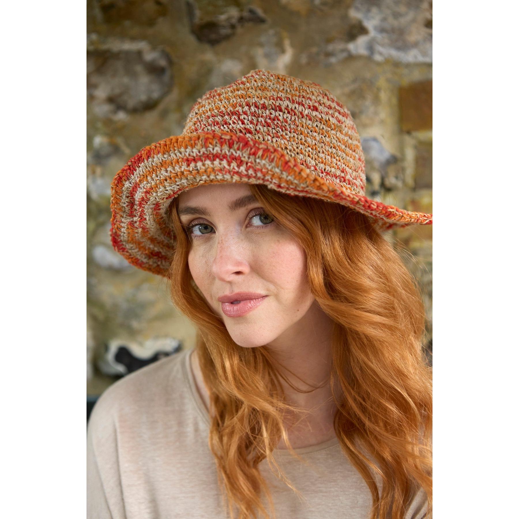 Pachamama Hemp/Cotton Hat Orange, crocheted cotton and hemp hat; product view 3.