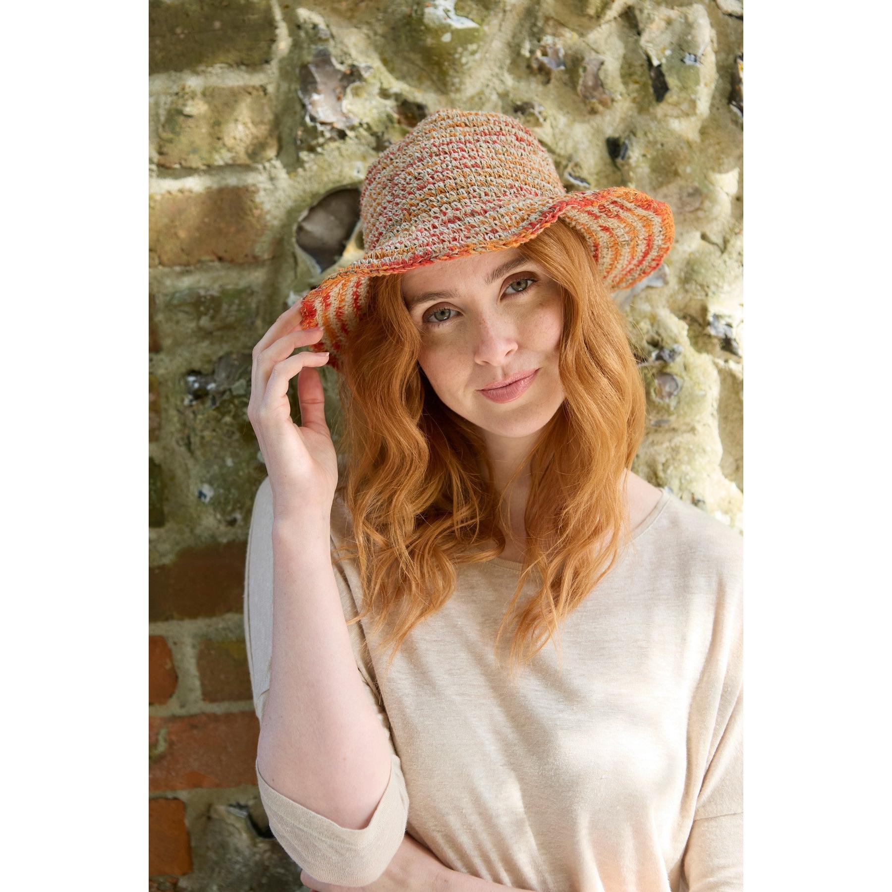 Pachamama Hemp/Cotton Hat Orange, crocheted cotton and hemp hat; product view 4.