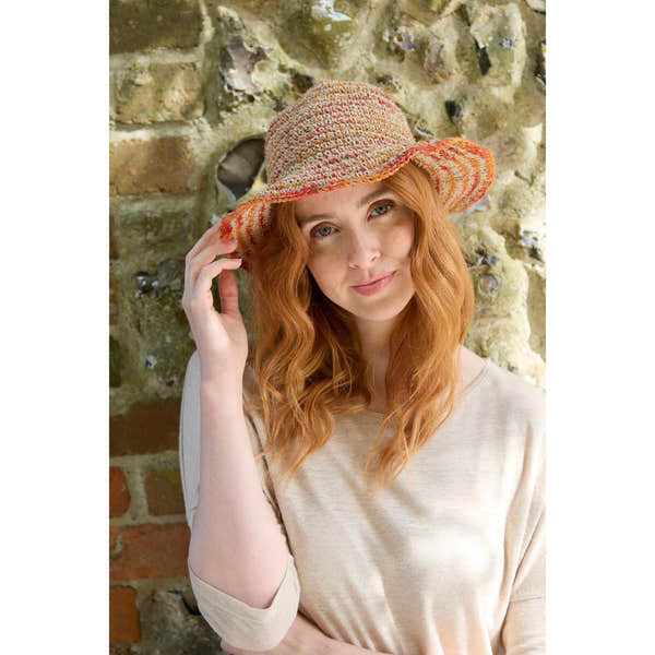 Pachamama Hemp/Cotton Hat Orange, crocheted cotton and hemp hat; product view 4.