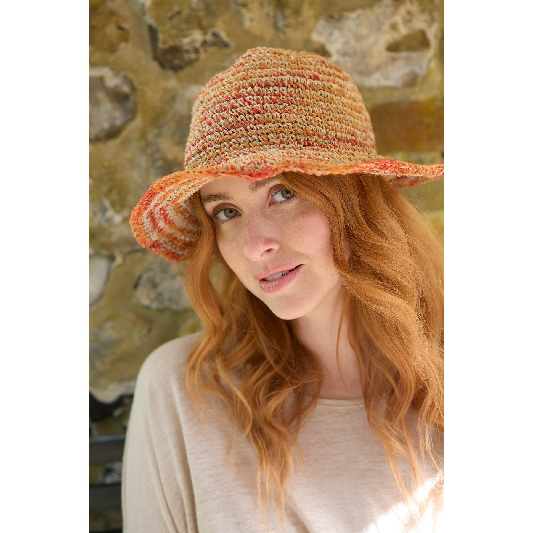 Pachamama Hemp/Cotton Hat Orange, crocheted cotton and hemp hat; product view.
