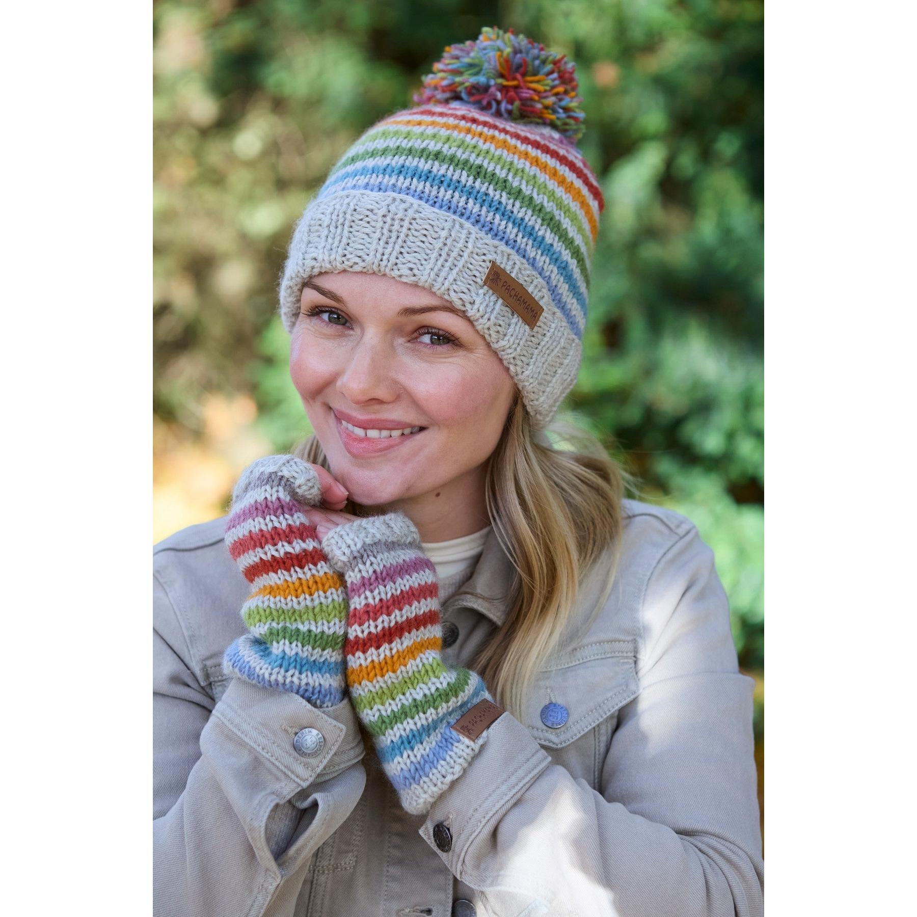 Pachamama Hoxton Stripe Merino Handwarmer set with colorful striped pattern and pom-pom beanie, warm and stylish for winter.