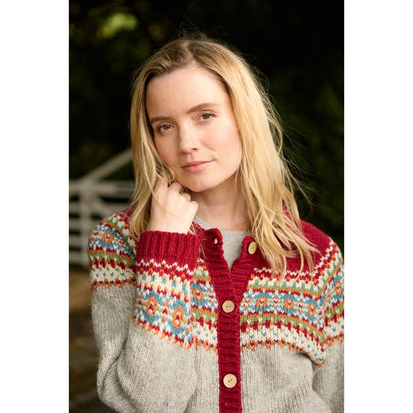 Pachamama Iona Cardigan Burgundy with colorful Fair Isle pattern, wooden buttons, cozy knit, women’s autumn fashion.