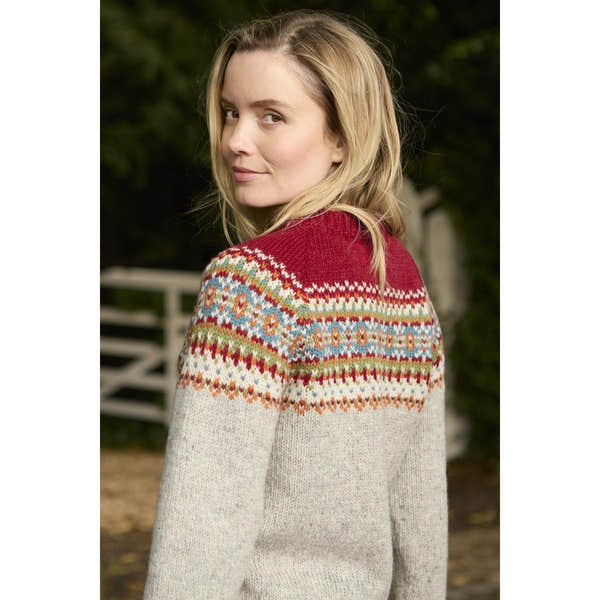 Pachamama Iona Cardigan Burgundy with colorful Fair Isle pattern and ribbed collar, cozy knit sweater for women.