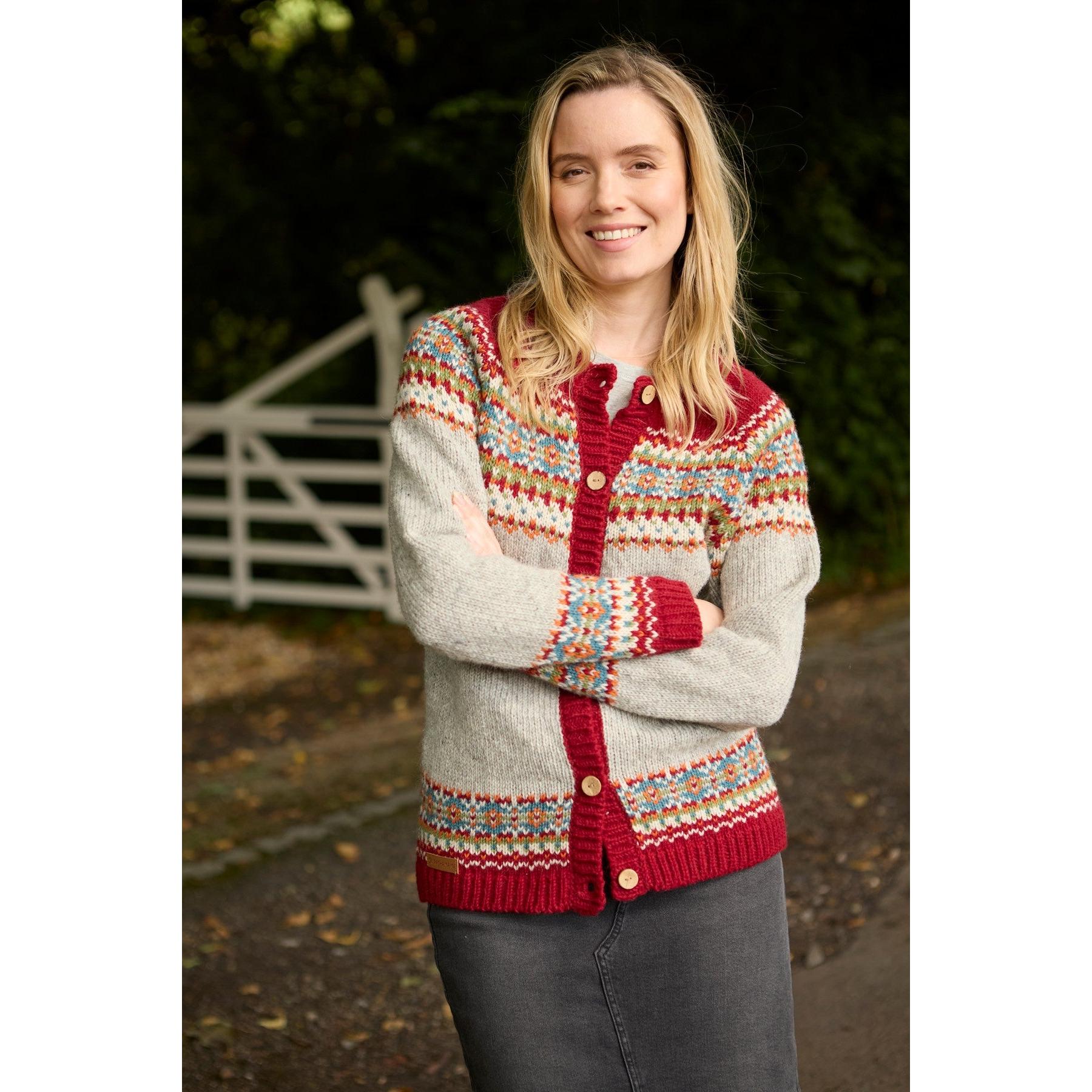 Pachamama Iona Cardigan Burgundy, women’s knit sweater with colorful Fair Isle pattern, button closure, and ribbed cuffs and hem.