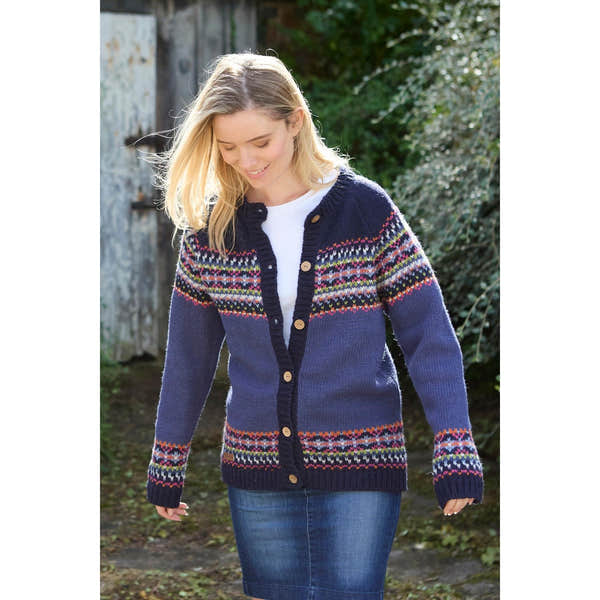 Pachamama Iona Cardigan Denim, knitted navy blue sweater with colorful Fair Isle pattern, button-front, women’s casual outdoor wear.