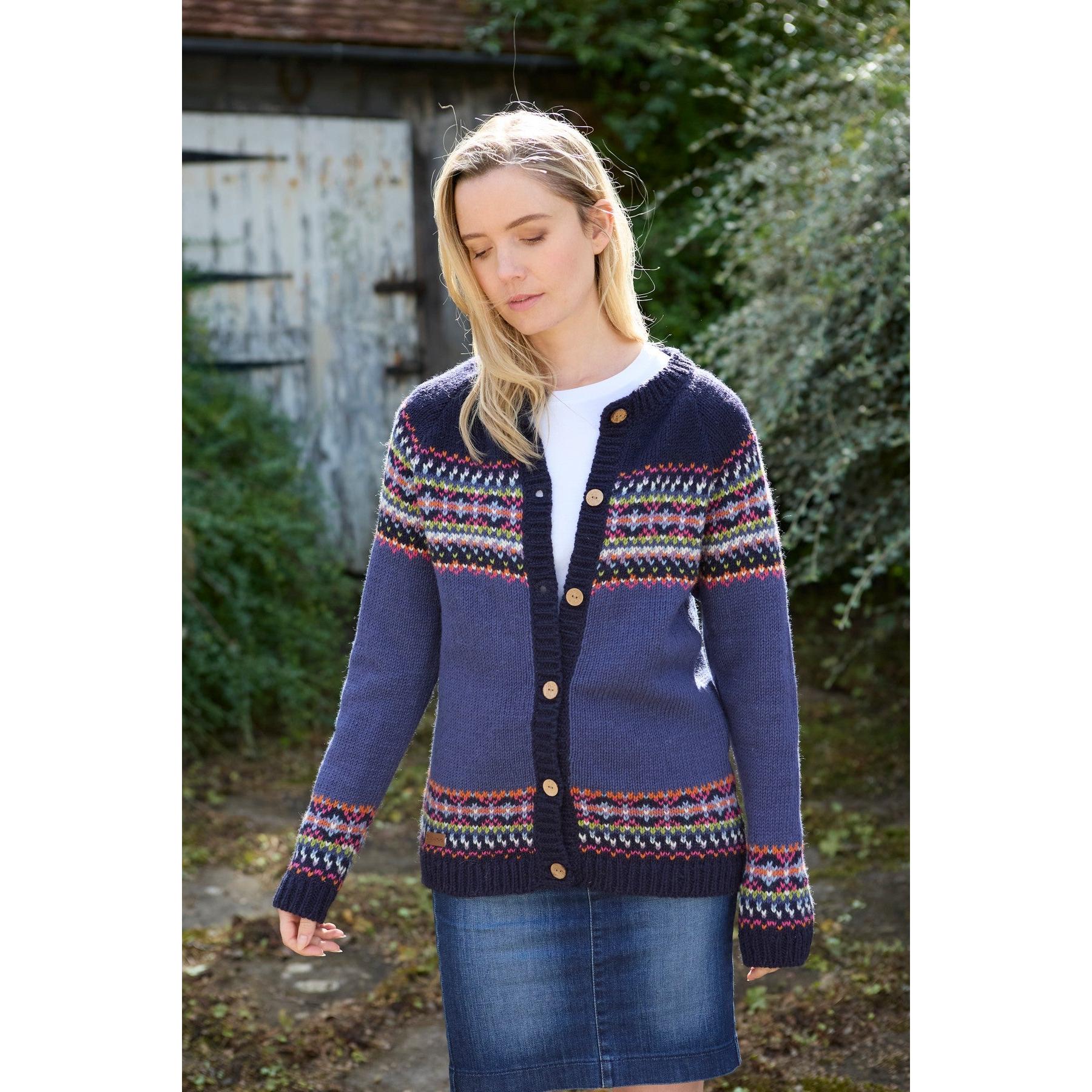 Pachamama Iona Cardigan Denim, women's navy knit cardigan with colorful Fair Isle pattern and wood button closure.