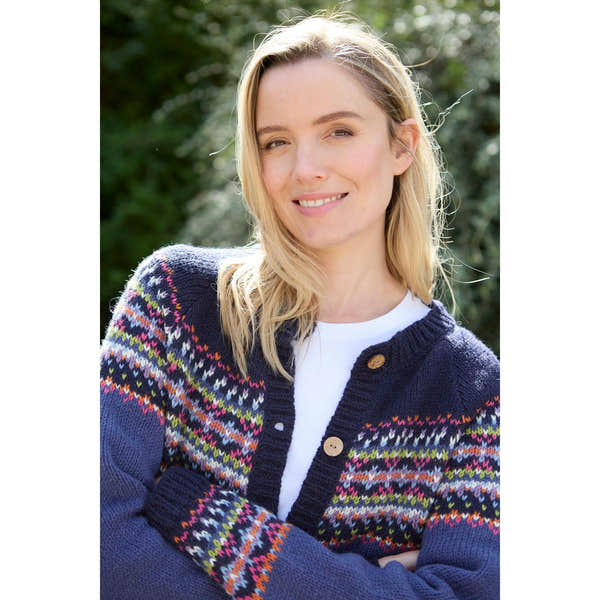 Pachamama Iona Cardigan Denim, women's knitted denim cardigan with colorful Fair Isle pattern, button-up front, and cozy fit.