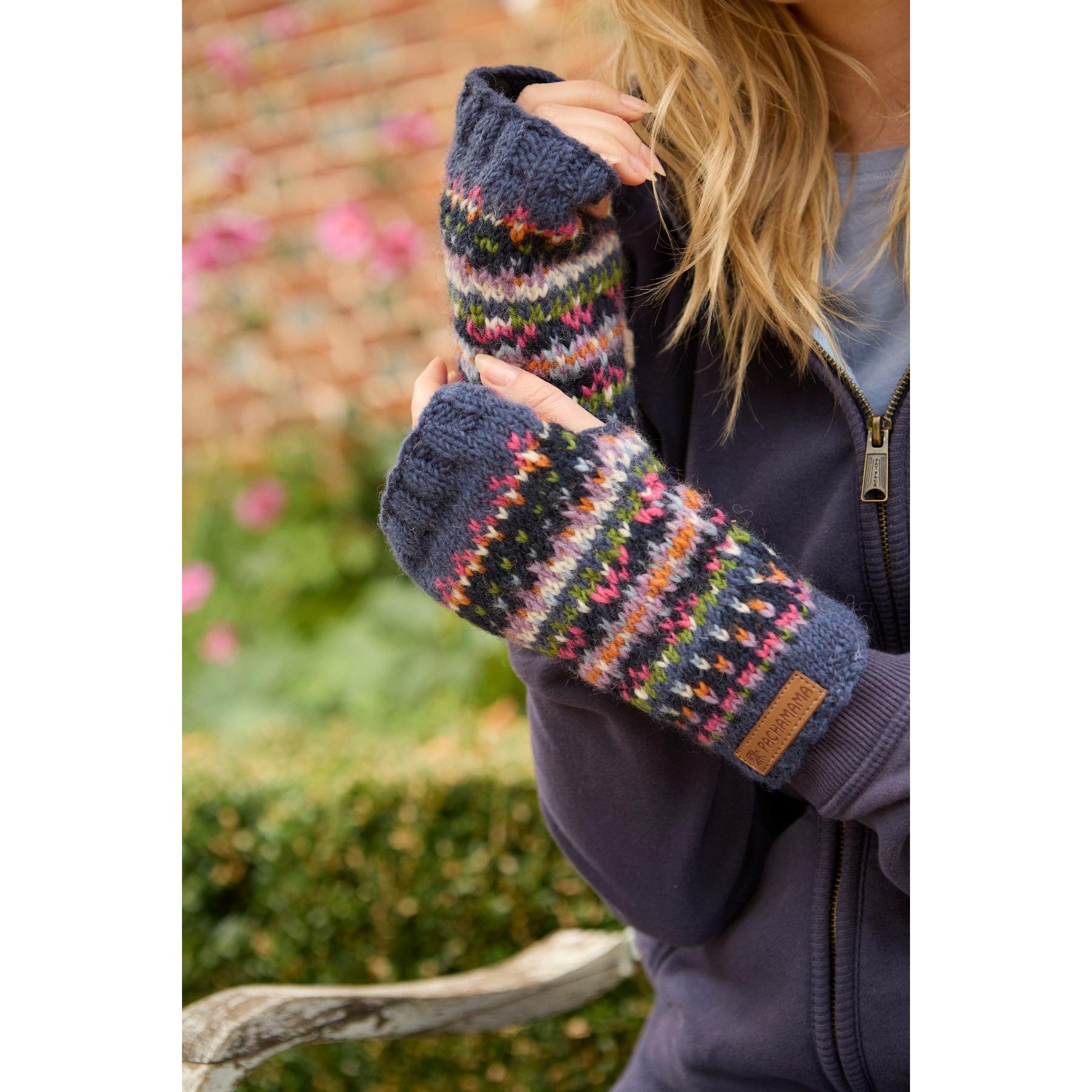 Pachamama Iona Handwarmer in denim with colorful Fair Isle knit pattern, warm and cozy for cold weather.