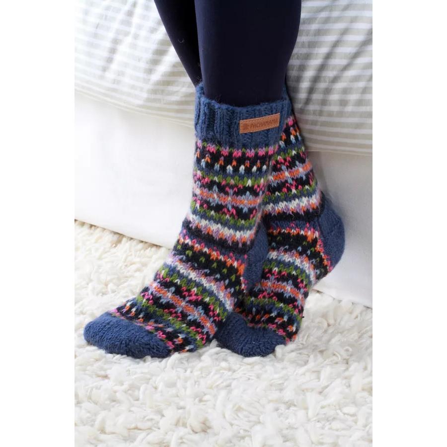 Pachamama Iona sofa socks in denim with colorful Fair Isle knit design, ankle-length, cozy, warm, and stylish footwear.