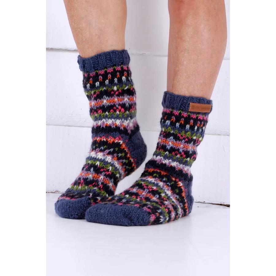Pachamama Iona denim sock socks with colorful knit pattern, high ankle design, and leather logo tag.
