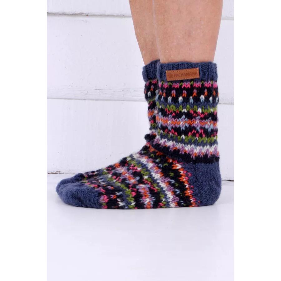 Pachamama Iona Socks Denim, colorful knit ankle socks with geometric pattern and brown leather logo tag.