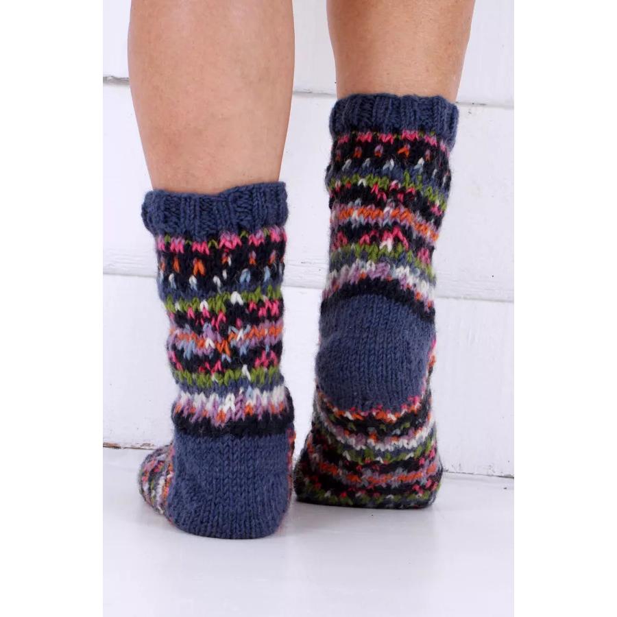 Pachamama Iona Denim Sock Socks with colorful knit pattern, reinforced heel and cuff, casual cozy footwear for women.