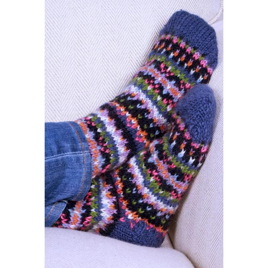 Pachamama Iona denim socks with colorful knit pattern, faux denim upper, cozy design, perfect for warmth and style.