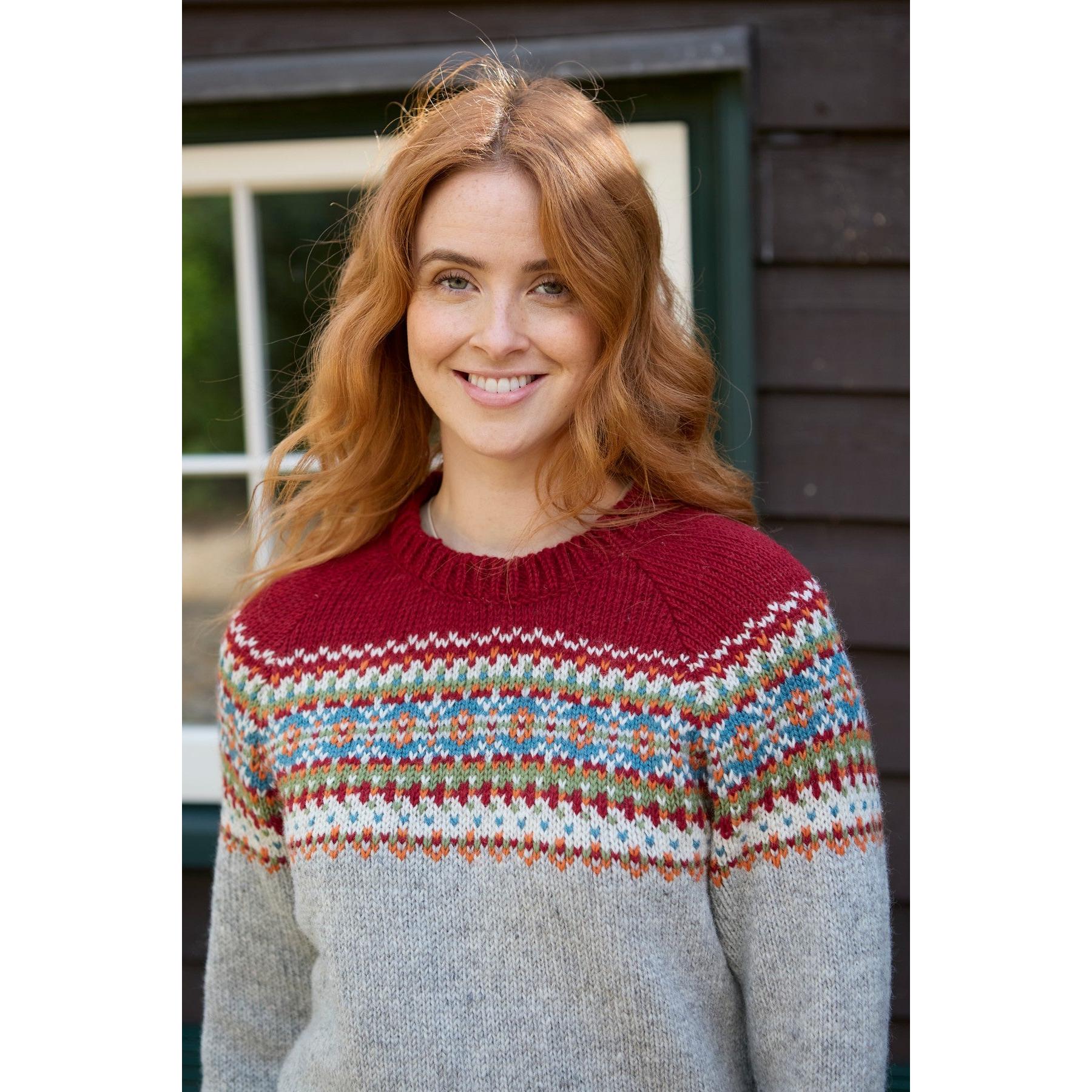 Pachamama Iona Burgundy sweater with colorful Fair Isle pattern, cozy knit, long sleeves, and round neckline.