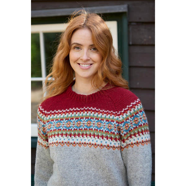 Pachamama Iona Burgundy sweater with colorful Fair Isle pattern, cozy knit, long sleeves, and round neckline.