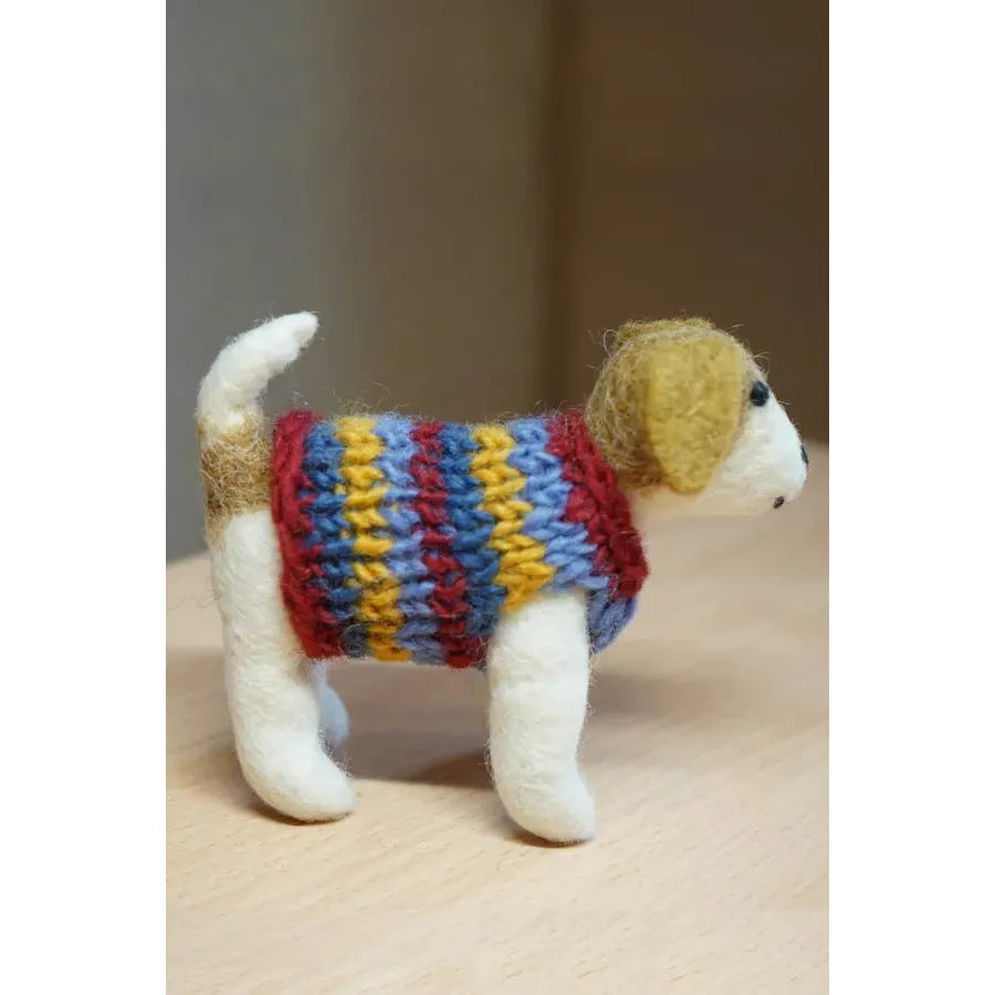 Felted Pachamama dog plush toy wearing colorful knitted jumper, cute handmade animal accessory, decorative home decor.