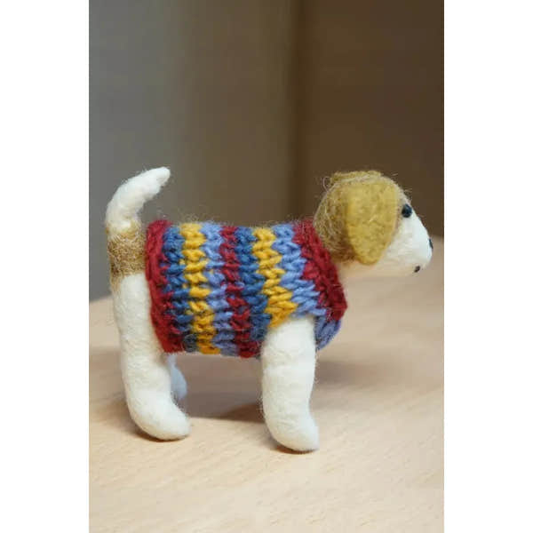 Felted Pachamama dog plush toy wearing colorful knitted jumper, cute handmade animal accessory, decorative home decor.