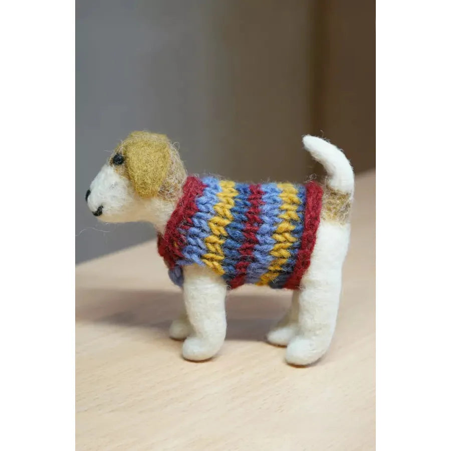 Felt dog figurine with a colorful, striped jumper, representing Pachamama Jack in a cozy sweater, handcrafted and cute accessory.