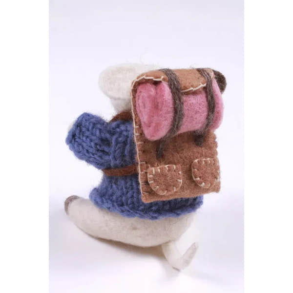 Felted wool stuffed animal "Pachamama Joanna On A Journey" with colorful backpack, white body, pink ears, and blue clothing.