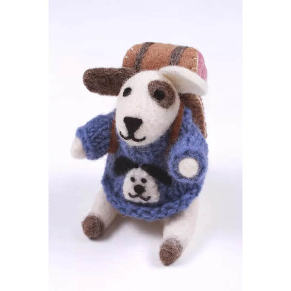 Felted animal figurine named "Pachamama Joanna On A Journey (With Roger)," wearing a blue sweater with bear design and carrying a backpack.