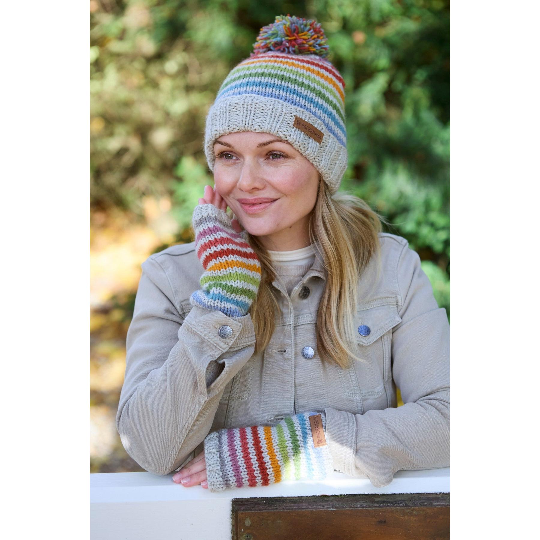 Pachamama Killarney Bobble Beanie and striped fingerless gloves in oatmeal and multicolor yarn, made from pure Merino wool.