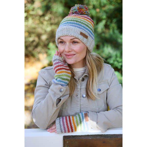 Pachamama Killarney Bobble Beanie and striped fingerless gloves in oatmeal and multicolor yarn, made from pure Merino wool.